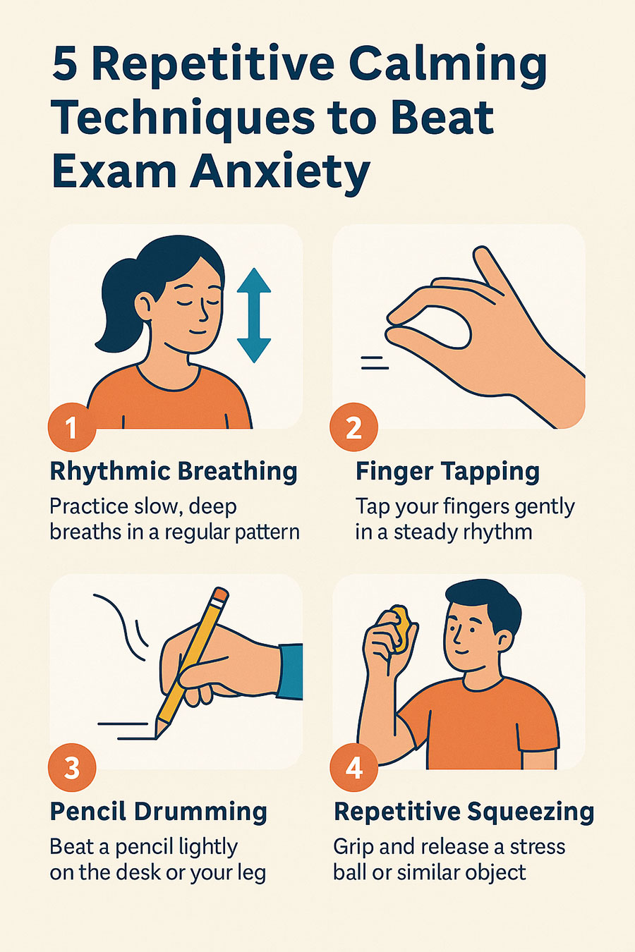Infographic showing 5 repetitive calming techniques to beat exam anxiety: box breathing, desk tapping, stress ball squeezing, breath counting, and visualization