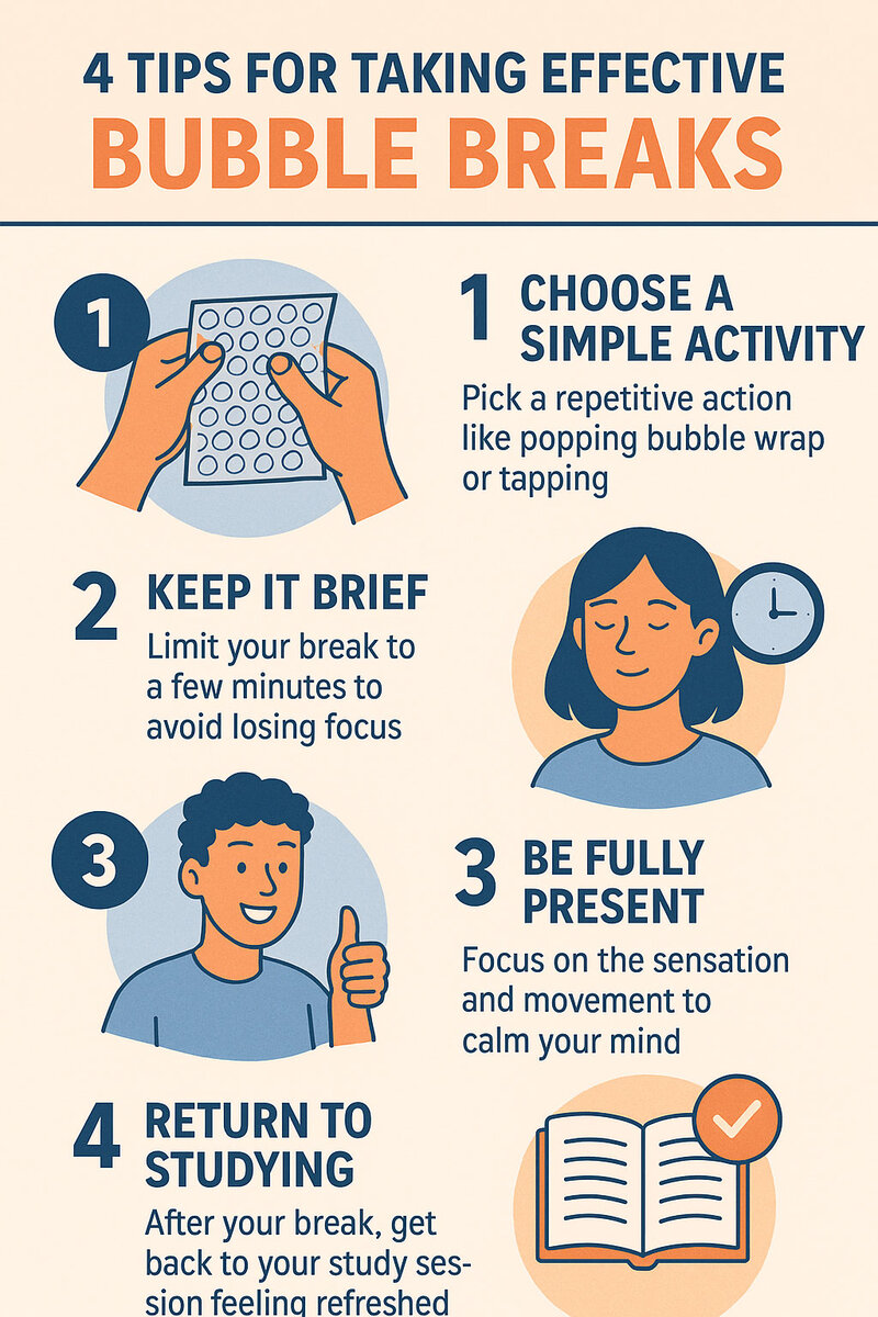 Infographic showing 4 essential tips for taking effective bubble breaks during study sessions to reduce stress and improve focus