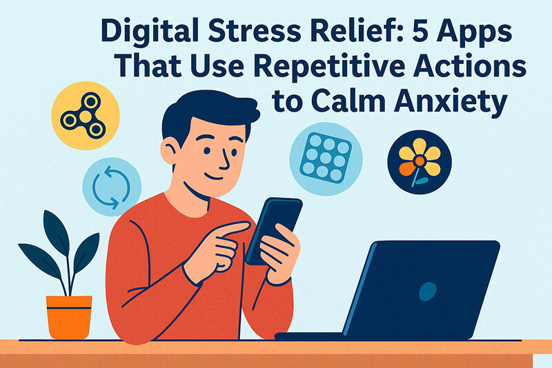 Five digital stress relief apps displayed on smartphone screens showing bubble popping, fidget games, and breathing exercises for anxiety relief