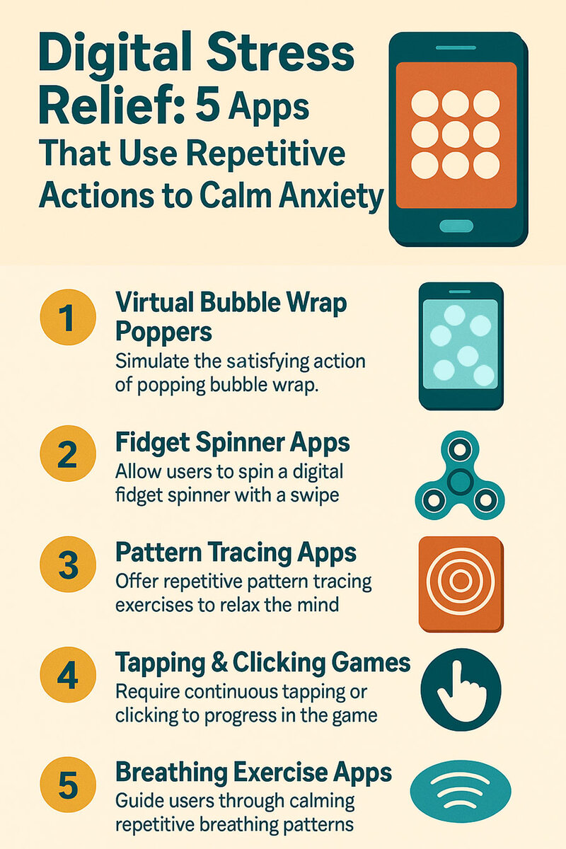 Infographic showing 5 digital stress relief apps with icons for bubble popping, fidget games, coloring, breathing exercises, and repetitive actions