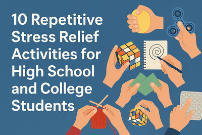 High school and college students using various stress relief activities including fidget toys, breathing exercises, and digital games