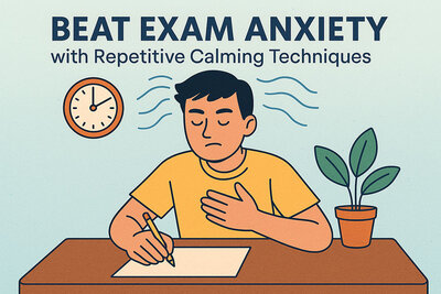 Students using repetitive calming techniques like breathing exercises and stress balls to manage exam anxiety