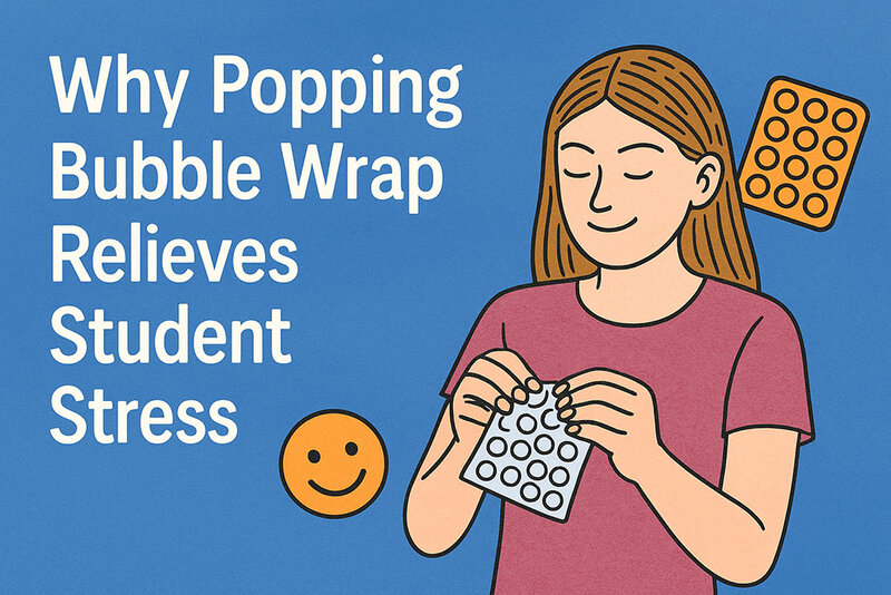 Students engaging in oddly satisfying stress relief activities like bubble wrap popping, fidget toys, and pen clicking in educational settings
