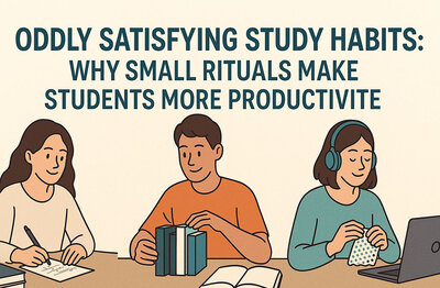 Students engaging in oddly satisfying study habits including organizing desk supplies, color-coding notes, and performing small rituals to boost productivity