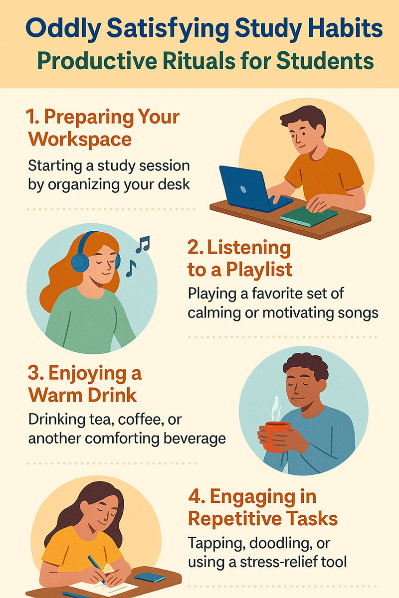 Infographic showing various oddly satisfying study habits including desk organizing, color-coding, bubble breaks, note rewriting, and ritual snacks